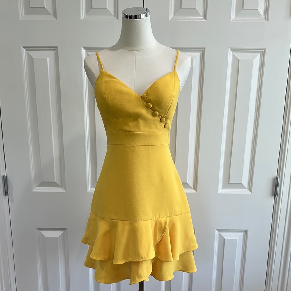 Ever New Mustard Yellow Ruffle Spaghetti Strap Cocktail Party Mini Dress Size 4